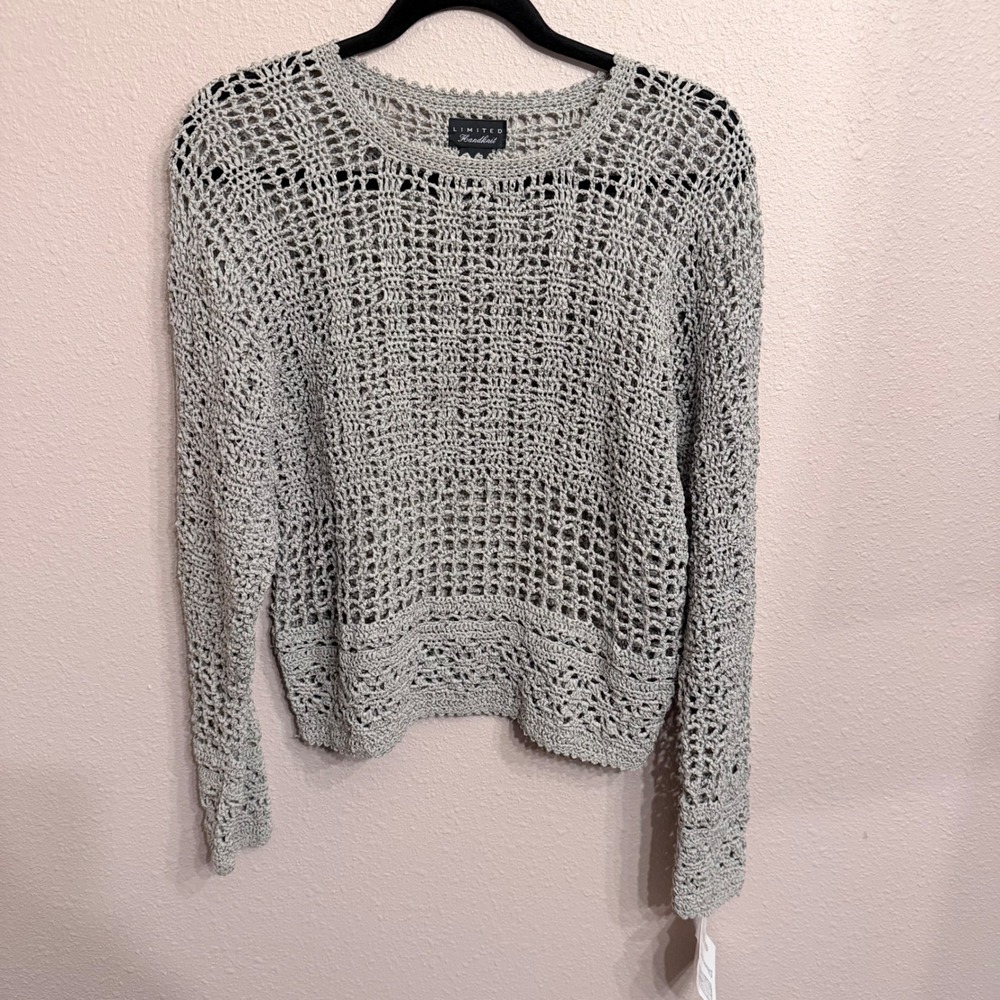 The Limited Handknit Silver Grey Crochet Open Weave Sweater Metallic Large